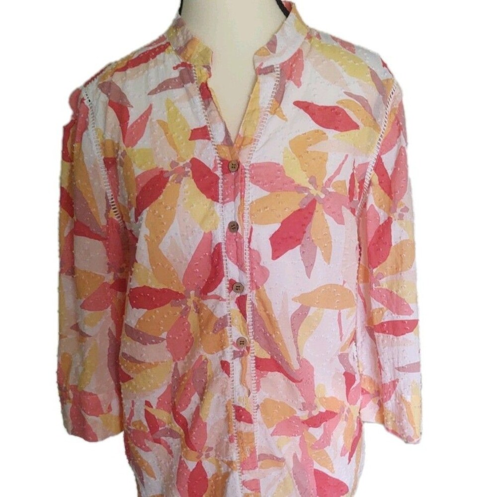 JH Collectibles Women's Leaf Print 3/4 Sleeve Popover Tunic Cotton Size Large